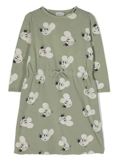 Bobo Choses Kids' Mouse-print Long-sleeve Dress In Green