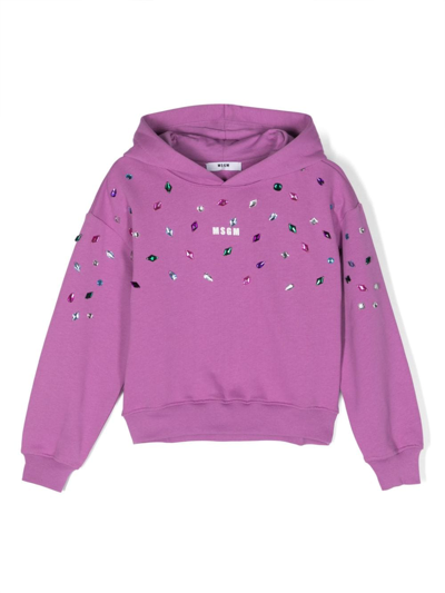 Msgm Kids' Crystal-embellished Logo-print Hoofie In Purple