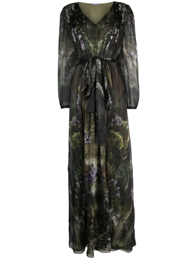 Alberta Ferretti Winter Garden-print Silk Maxi Dress In Green