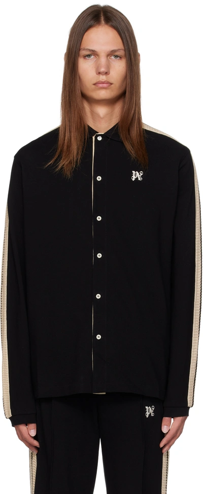 Palm Angels Monogram Linen Button-up Polo Track Shirt In Black