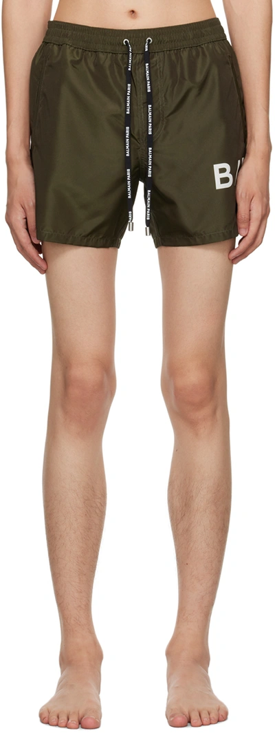 Balmain Khaki Printed Swim Shorts In 306 - Kaki/white