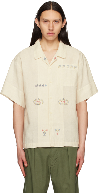 Story Mfg. Camp-collar Embroiderd Cotton And Linen-blend Shirt In Beige