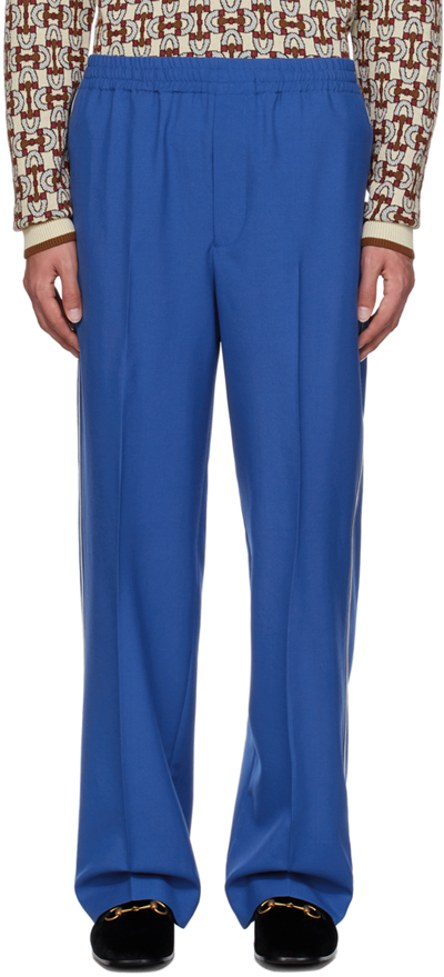 Gucci Brand-embroidered Slip-pocket Straight-leg Regular-fit Wool-blend Trousers In Blue