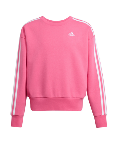 Adidas Originals Adidas Big Girls Long Sleeve Essential 3-stripes Crewneck Pullover Sweatshirt In Pink Fusion