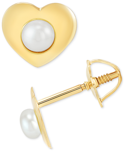 Macy's Children's Cultured Freshwater Button Pearl (2mm) Heart Stud Earrings In 14k Gold In Yellow Gold