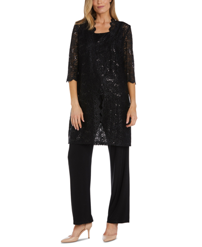 R & M Richards Petite 3-pc. Sequined-lace Jacket, Top & Pants In Black