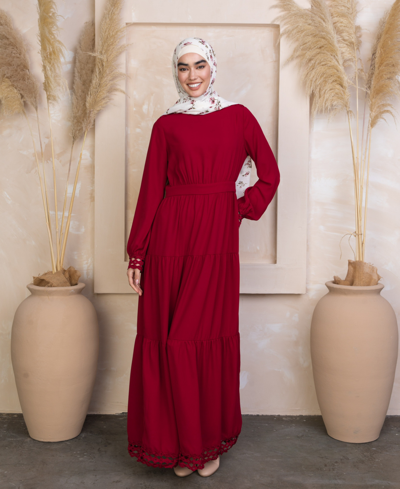 Urban Modesty Women's Lace-trim Tiered Maxi Dress In Maroon