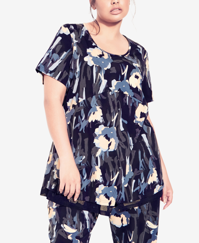 Avenue Plus Size Mesh Contrast Print Tunic Top In Midnight Bloom