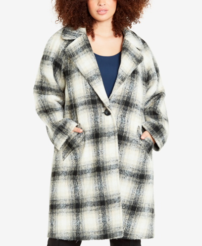 Avenue Plus Size Crombie Check Print Coat In Black And Neutral