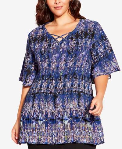 Avenue Plus Size Clairville Pleat Tunic Top In Moody Moment Border