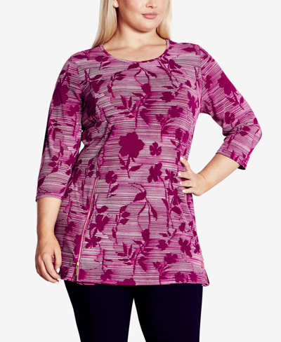 Avenue Plus Size Primrose Print Tunic Top In Berry Blurred Floral