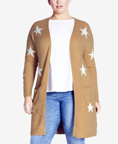 Avenue Plus Size Starry Relaxed Fit Cardigan Sweater In Camel Marle