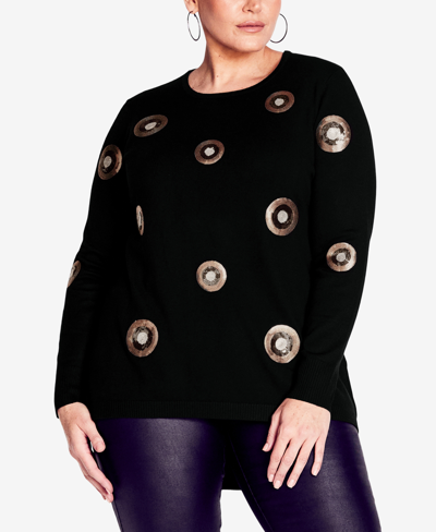 Avenue Plus Size Sequinela Round Neck Sweater In Black