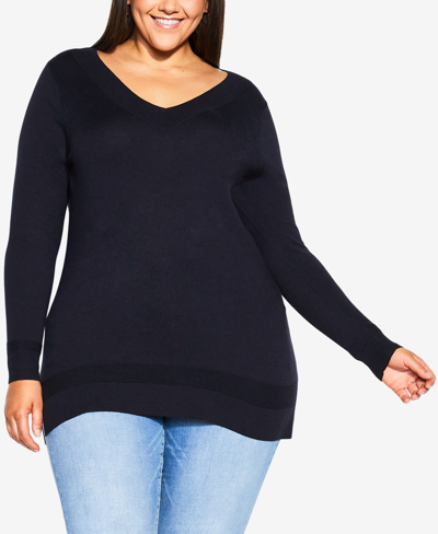 Avenue Plus Size Ribbed Trim Sweater In Navy