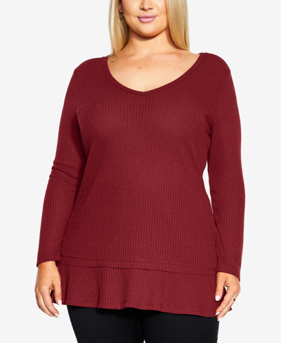 Avenue Plus Size Waffle Ruffle Tunic Top In Merlot