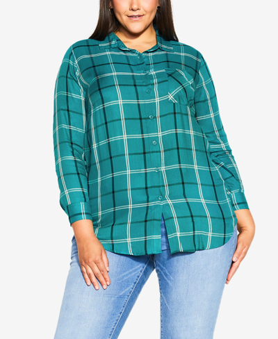 Avenue Plus Size Kylee Check Shirt Top In Navy,teal
