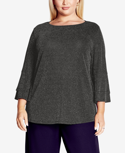 Avenue Plus Size Glitz Double Bell Sleeve Top In Silver
