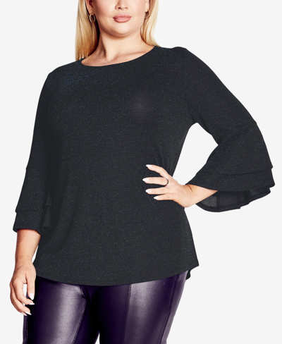 Avenue Plus Size Glitz Double Bell Sleeve Top In Midnight