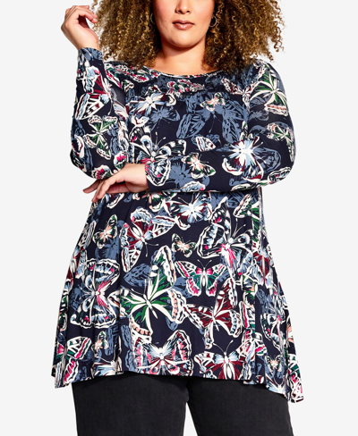Avenue Plus Size Casey Smock Print Tunic Top In Navy Flutter