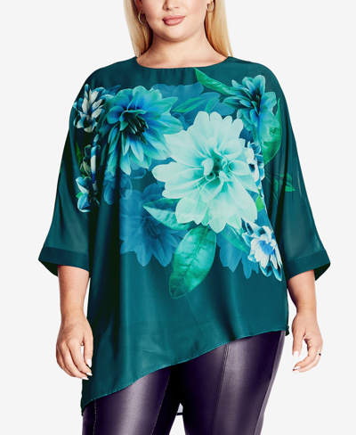 Avenue Plus Size Violetta Round Neck Top In Teal Floral