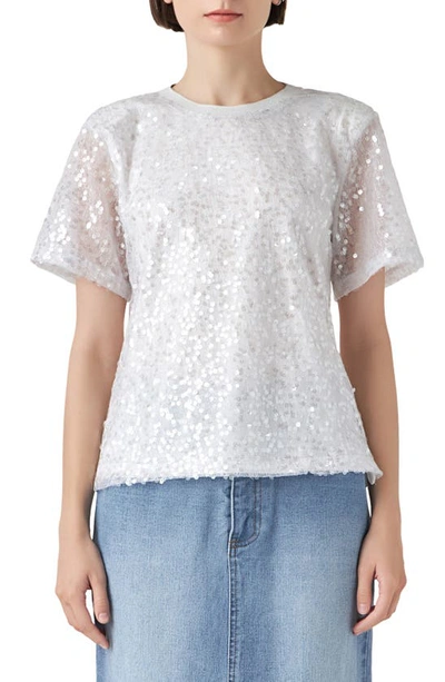 Grey Lab Sequin Padded Shoulder Back Cutout Top In White