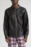 NOON GOONS NOON GOONS DROP TOP FLORAL EMBROIDERED LAMBSKIN LEATHER ZIP SHIRT JACKET