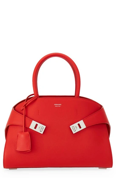 Ferragamo Hug Small Leather Top Handle Bag In Flame Red