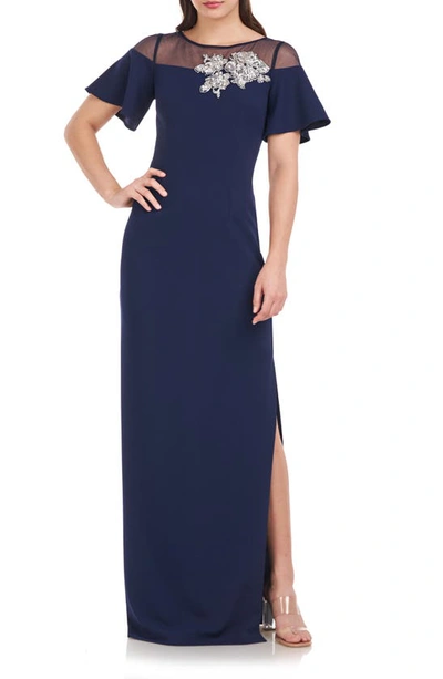 Js Collections Fleur Beaded Column Gown In Navy