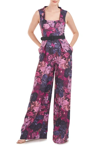 Kay Unger Vivica Floral Belted Wide Leg Jumpsuit In Boysenberry Multi