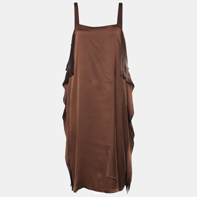 Pre-owned Bottega Veneta Brown Silk Satin Ruffle Detail Mini Dress L