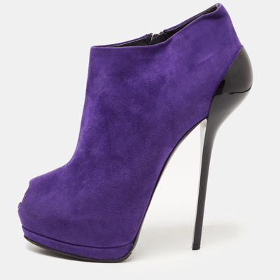 Pre-owned Giuseppe Zanotti Purple Suede Peep Toe Platform Ankle Booties Size 39.5