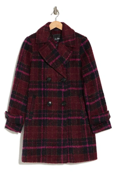 Sam Edelman Plaid Double Breasted A-line Coat In Burgundy/ Curly Pink Plaid
