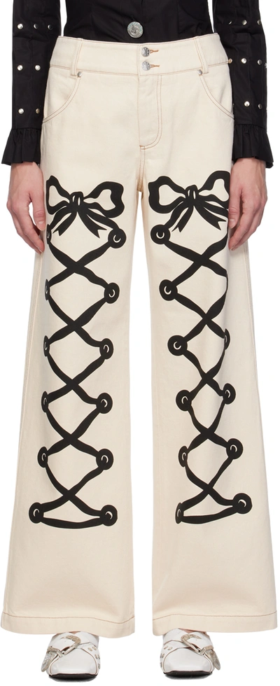 Chopova Lowena Off-white Ribbon Jeans In Black/cream