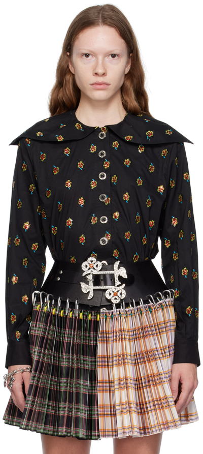 Chopova Lowena Floral-embroidered Cotton Top In Black