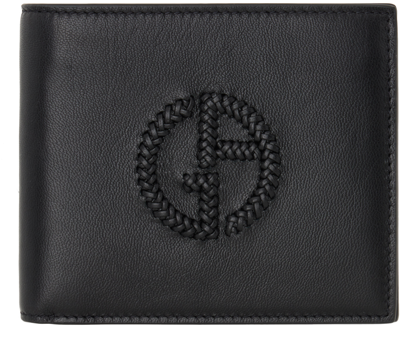 Giorgio Armani Logo刺绣对折皮质钱包 In Black