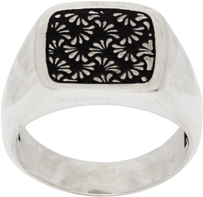 Maple Silver & Black Floral Signet Ring In Silver/black Enamel