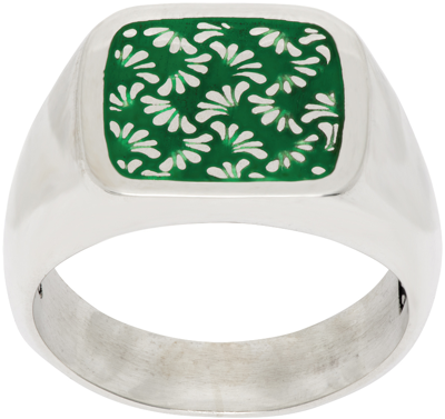 Maple Silver & Green Floral Signet Ring In Silver/green Enamel