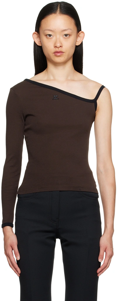 Courrèges Brown Single-shoulder T-shirt In Coffee/ Black