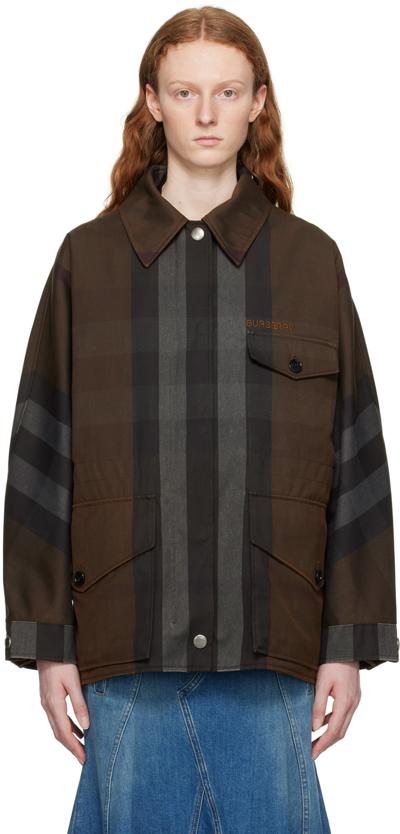 Burberry Waxed Check Print Zip Up Casual Jacket In Brown