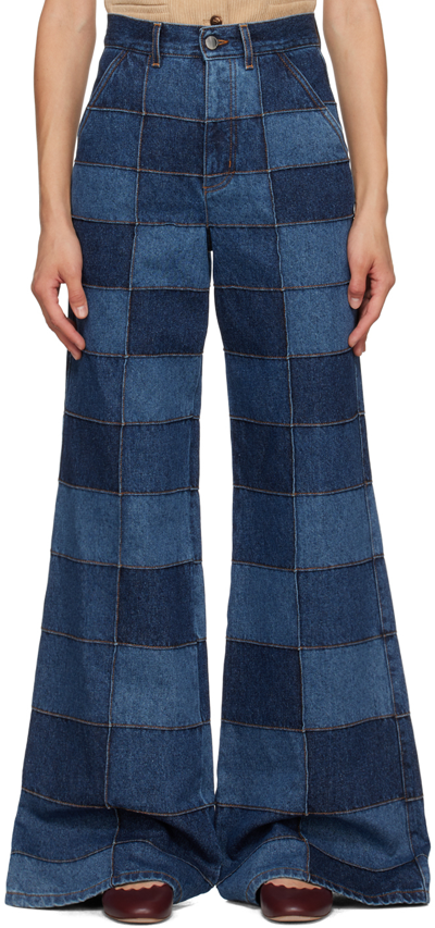 Chloé Patchwork Recycled Cotton-hemp Wide-leg Jeans In Blue