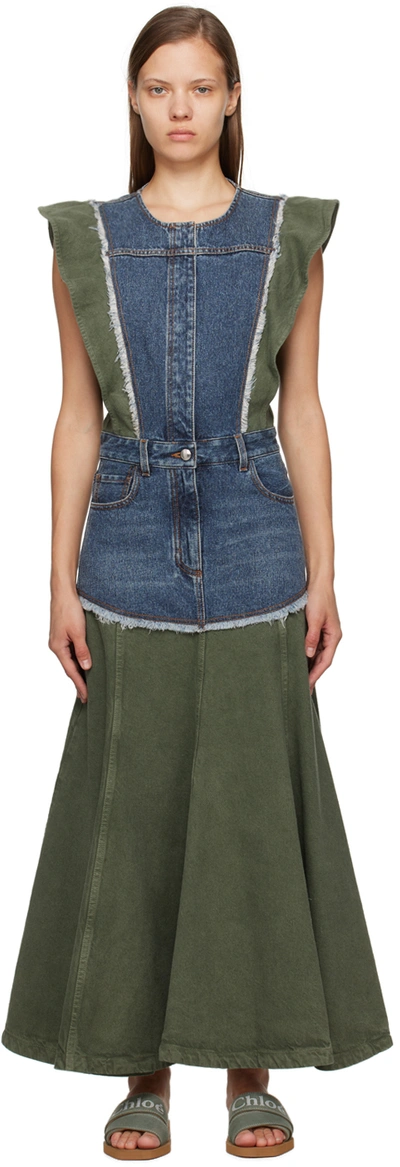 Chloé Paneled Denim Midi Dress In 99v Blue - Green 1