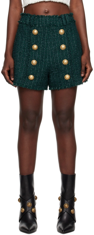 Balmain Frayed Button-embellished Bouclé Shorts In Green