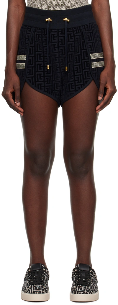 Balmain Monogram-pattern Mini Shorts In Bleu Marine Fonce