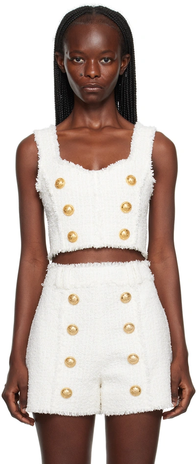 BALMAIN WHITE CROPPED TANK TOP