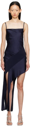 Helmut Lang Slash Asymmetric Crepe-trimmed Stretch-silk Midi Dress In Navy - G0f