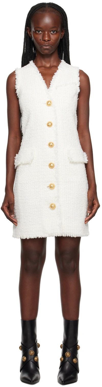 Balmain White Fringed Minidress In 0fa Blanc