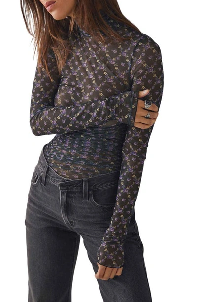 Free People Under It All Ruched Mesh Turtleneck Bodysuit In Black