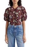 Ulla Johnson Elise Ruched Floral-print Silk Crepe De Chine Top In Red
