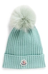 MONCLER KIDS' RIBBED WOOL BEANIE WITH FAUX FUR POMPOM