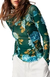 Free People Charlie Print Turtleneck Mesh Top In Green Combo
